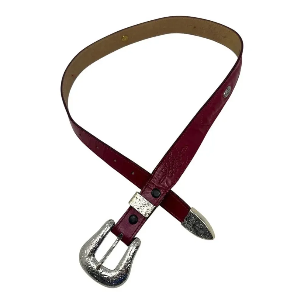 Nocona Western Tooled Leather Belt Red Silver Buckle Women’s Size 26